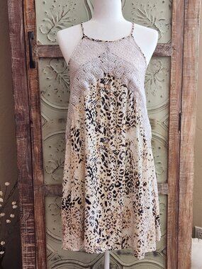 Indigo Rose Crochet Lace Halter Leopard Print Sleeveless Mini Dress | Medium
